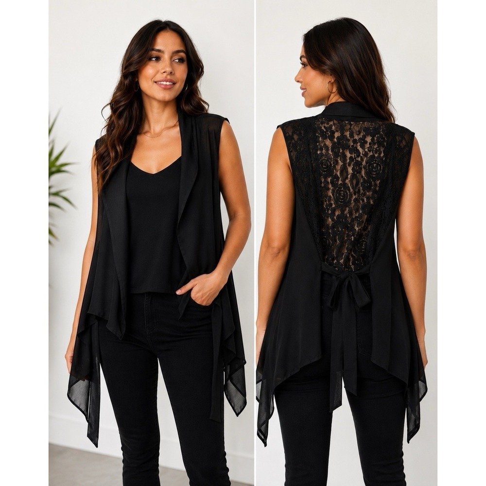 Black Open Front Chiffon‎ Vest Lace Back Waterfall Drape Fairy WhimsyGoth Grunge